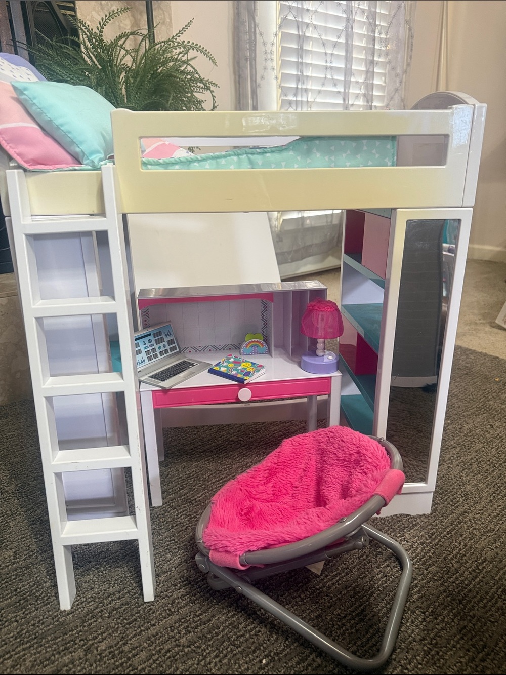 My Life As White Pink & Blue Loft Bed with Pink Fuzzy Papasan Chair Desk - Picture 1 of 14